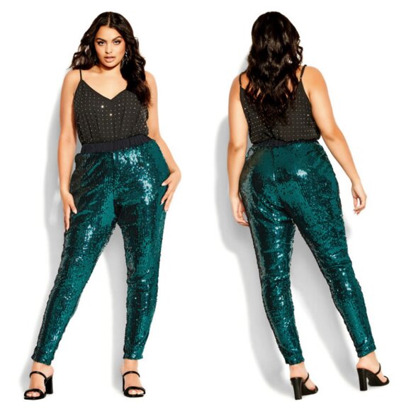 NWT City Chic Emerald Sequin High Rise Party Pants 18 - Picture 3 of 10